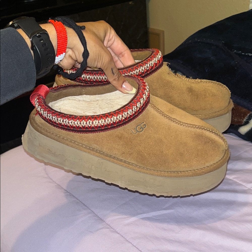 UGG Tasman II Chestnut Suede Slip-On Clog with Red Trim Slippers